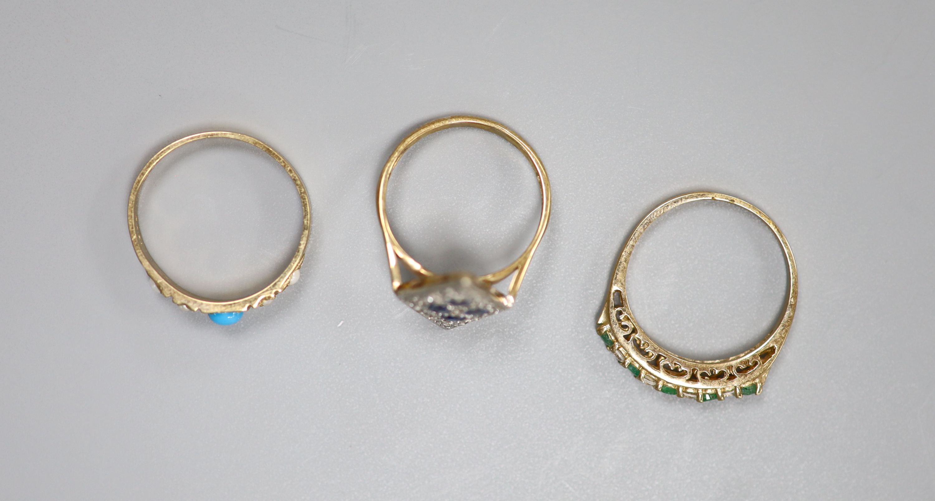 Three assorted modern 9ct gold and gem set rings including sapphire and diamond chip & turquoise & seed pearl